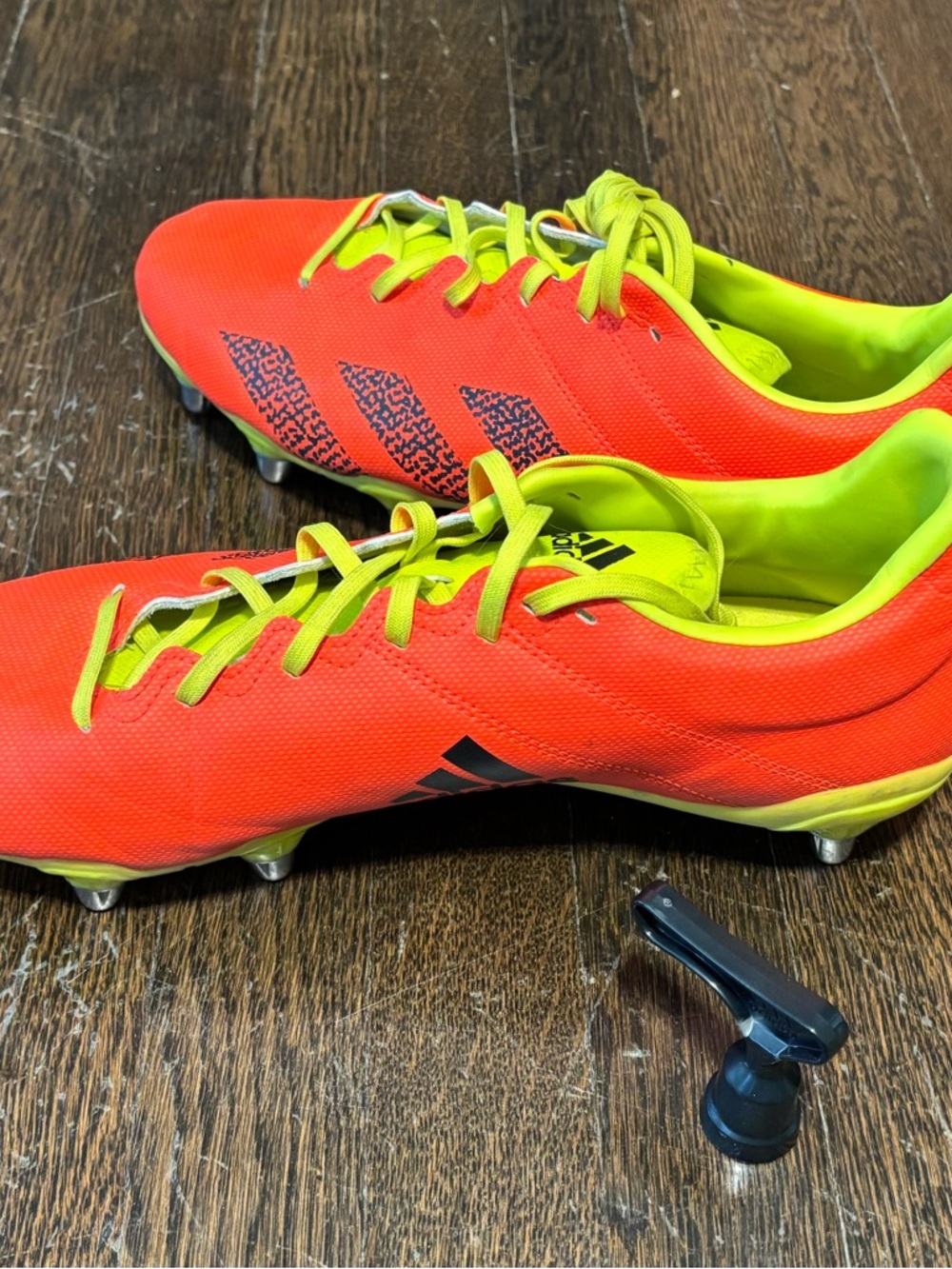 Adidas Kakari Cleats | Bright Orange Rugby Cleats with Neon Yellow Lining